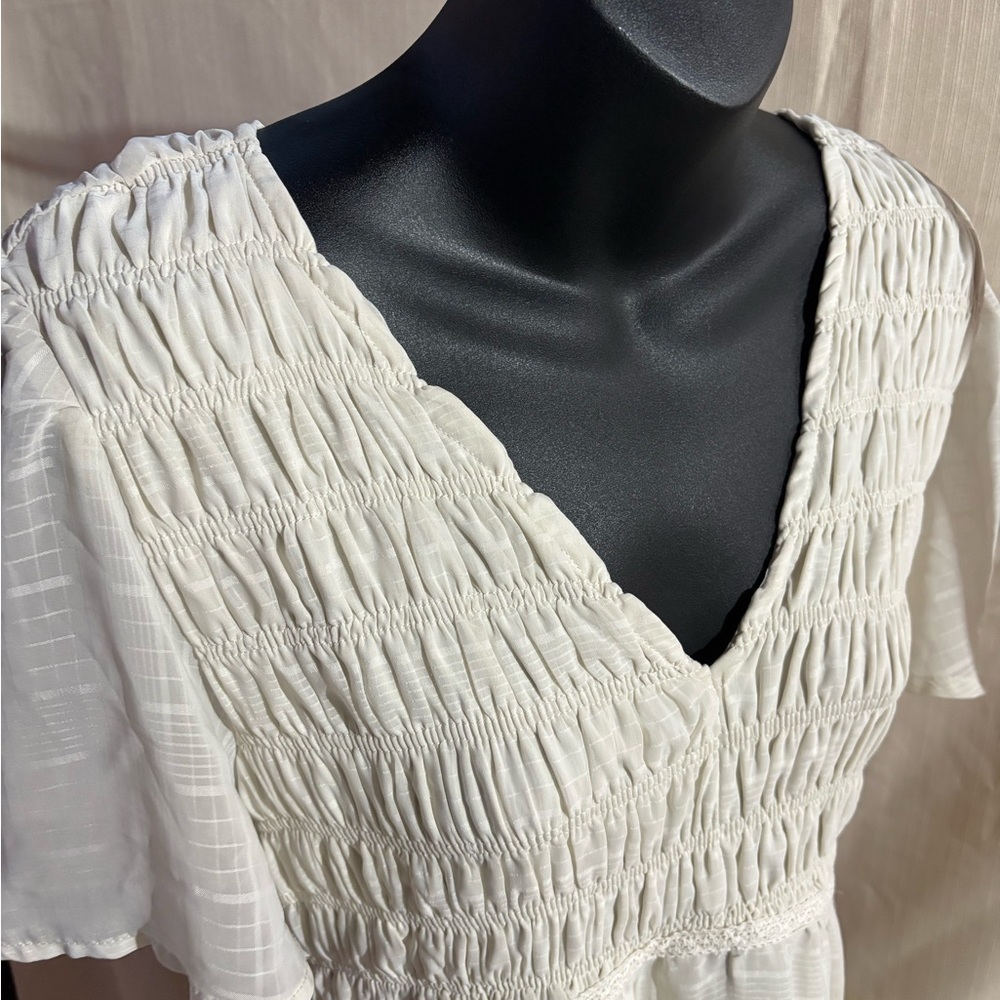 Smocked Off White Short Sleeve Midi Summer Dress‎ Size Medium - Picture 8 of 13
